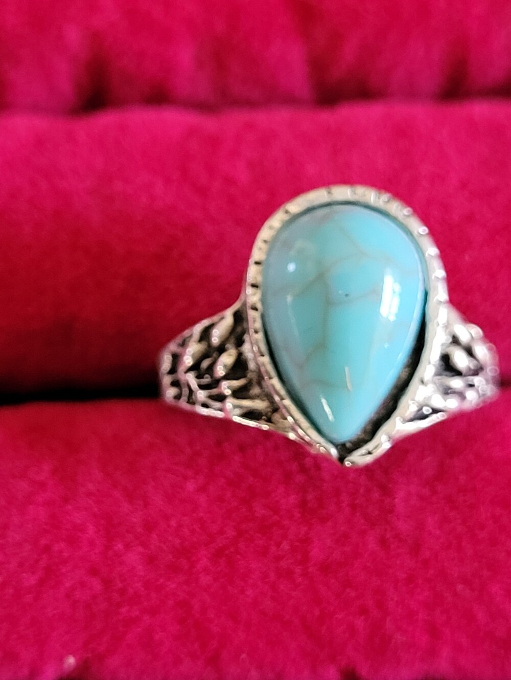 Silver-Tone Teardrop Turquoise Stone  Ring - Size 5